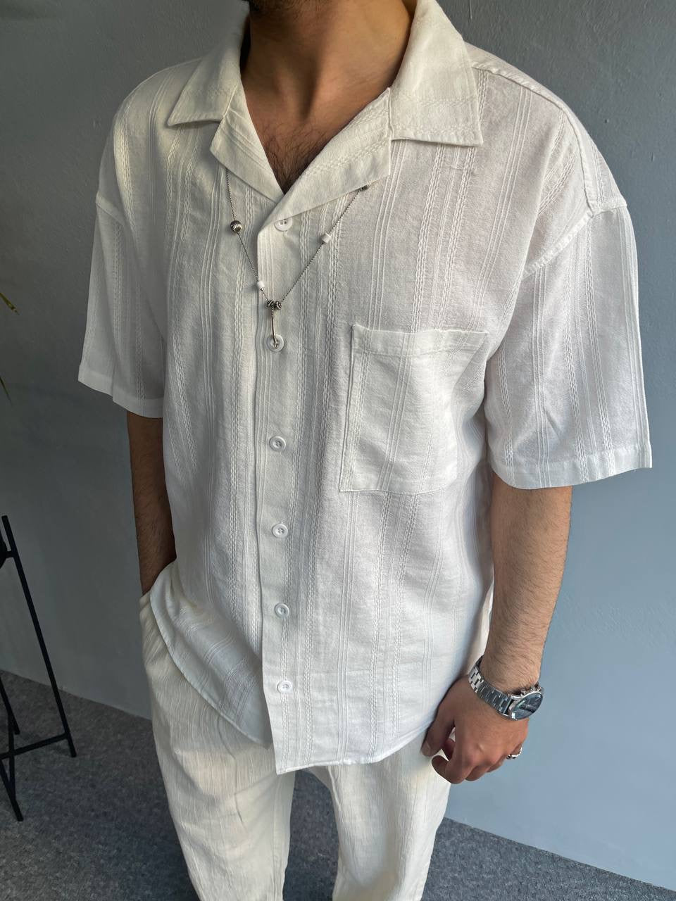 DESIGNED SHORT SLEEVE LINEN TYPE SHIRT