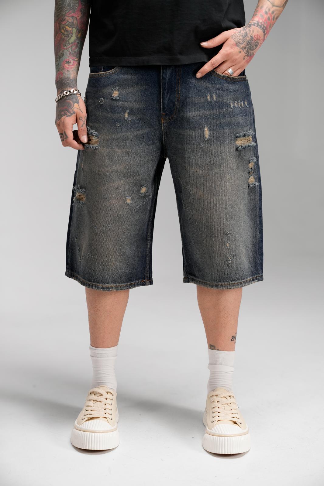 DARK BLUE RIPPED JORT