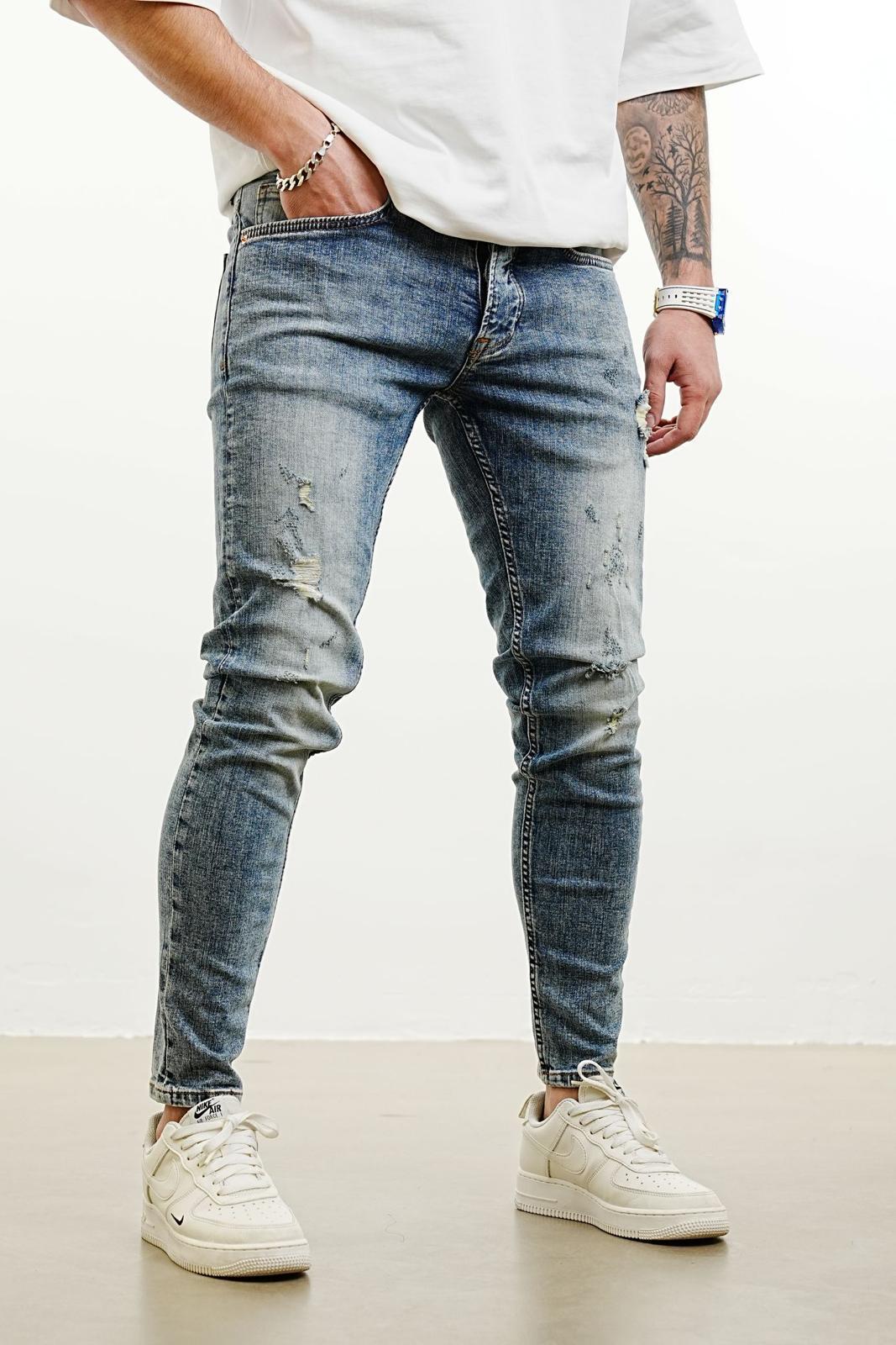 MID BLUE RIPPED SLIM FIT JEAN