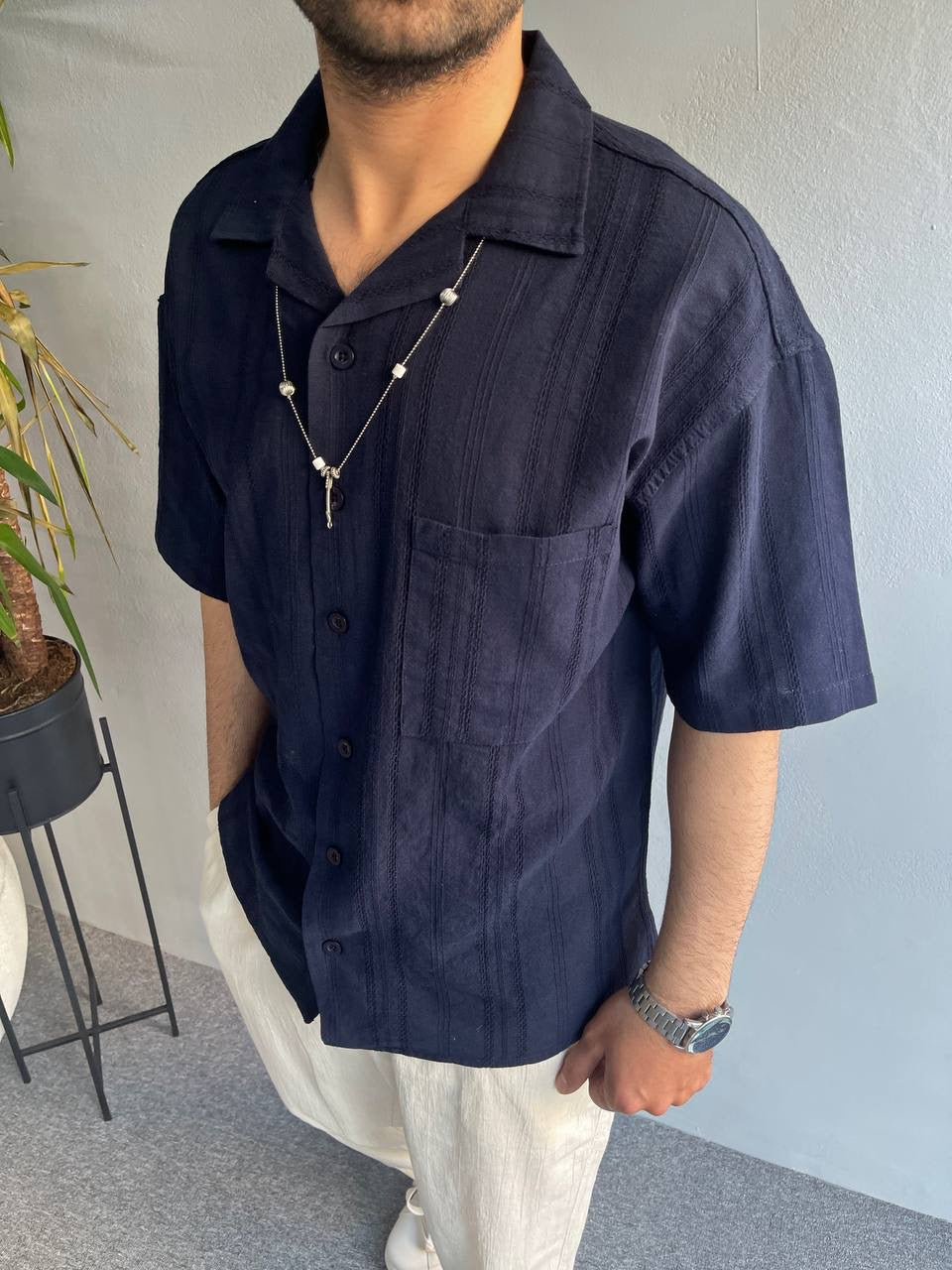 DESIGNED SHORT SLEEVE LINEN TYPE SHIRT