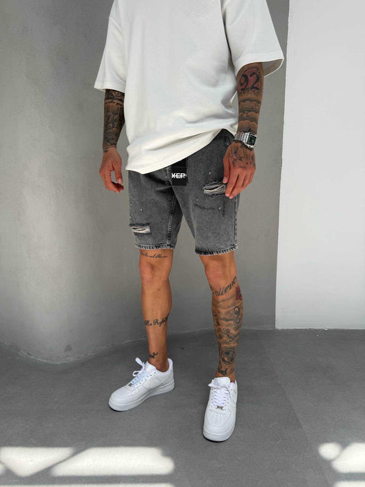STONEWASHED GRAY RIPPED SHORT