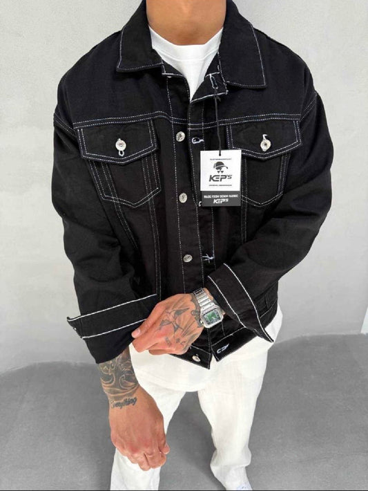 PREMIUM BLACK DENIM JACKET WITH WHITE THREADS