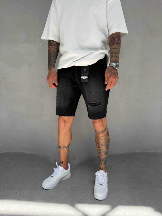 STONEWASHED BLACK RIPPED SHORT