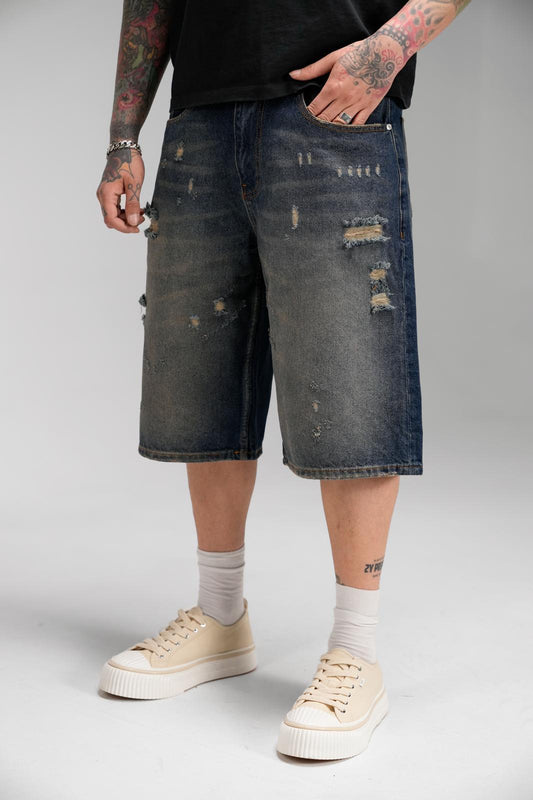 DARK BLUE RIPPED JORT