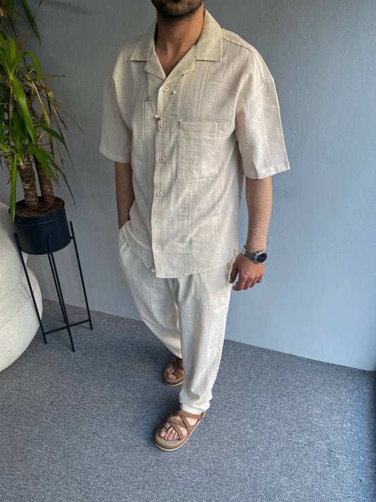 DESIGNED SHORT SLEEVE LINEN TYPE SHIRT