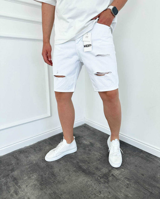 WHITE RIPPED SHORT